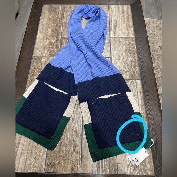 Tory Burch Blue Green White Gemini Link Striped Pockets Women's Scarf Colorblock - Picture 10 of 10